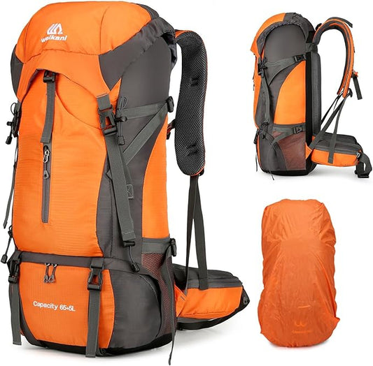 ShowyLive 70L Hiking Backpack - Lightweight Waterproof Travel Backpack for Men & Women, Large Camping Bag with Rain Cover & Adjustable Straps (Orange)