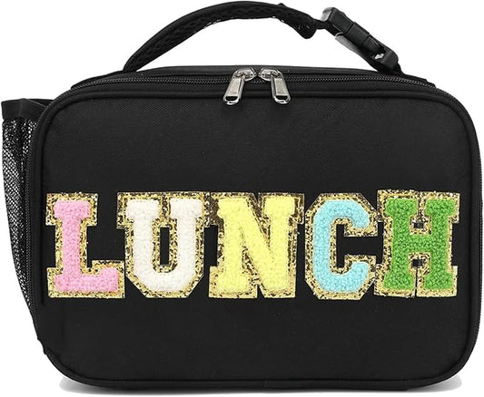 FlowFly Kids Lunch Bag, Durable Insulated School Lunch Box with Bottle Holder, Water-resistant Thermal Small Lunch Cooler Tote for Teen Boys & Girls,BlackWithLetter