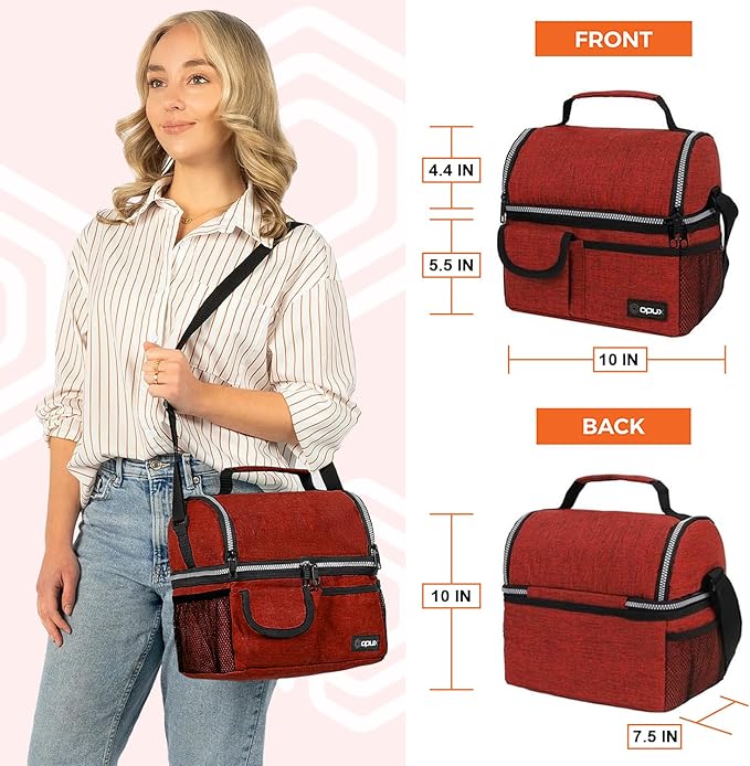 opux Lunch Bag Women Insulated, Adult Lunch Box Cooler, Lunch Box for Men, Dual Compartment Lunchbox for Work, Leakproof Double Decker Lunch Bag, Soft Lunch Pail Tote Girls Boys Kids School, Red