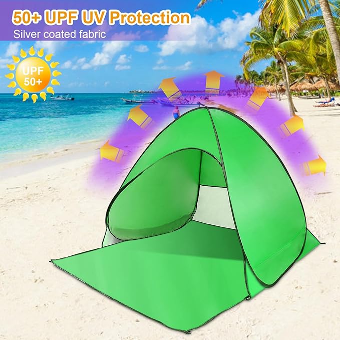Pop Up Beach Tent for 2-3 Person, UPF50+ Anti-UV Sun Shelter w/Storage Bag, Portable Waterproof Instant Sun Shade Canopy for Outdoor Beach Camping Hiking Travel Family, Green
