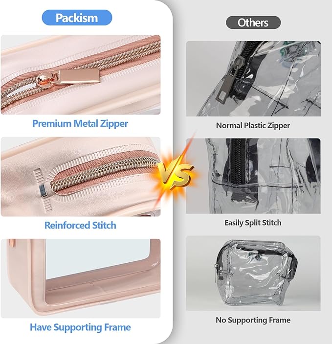 PACKISM TSA Approved Toiletry Bag - 2 Pack Upgrade Color-Edged Clear Makeup Bag, Clear Toiletry Bag For Traveling Fits Various Storage Needs, Pink (2 Sizes)