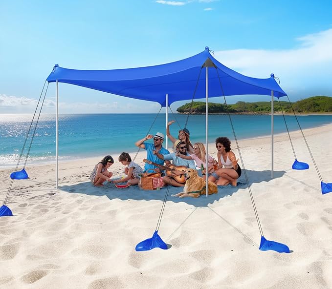 Rhino Valley Beach Tent Sun Shelter, 10x10FT Beach Canopy Tent Sun Shade UPF50+ Protection with 8 Sandbags 4 Stability Poles, Outdoor Beach Shade Canopy 6-8 People for Beach Camping Fishing