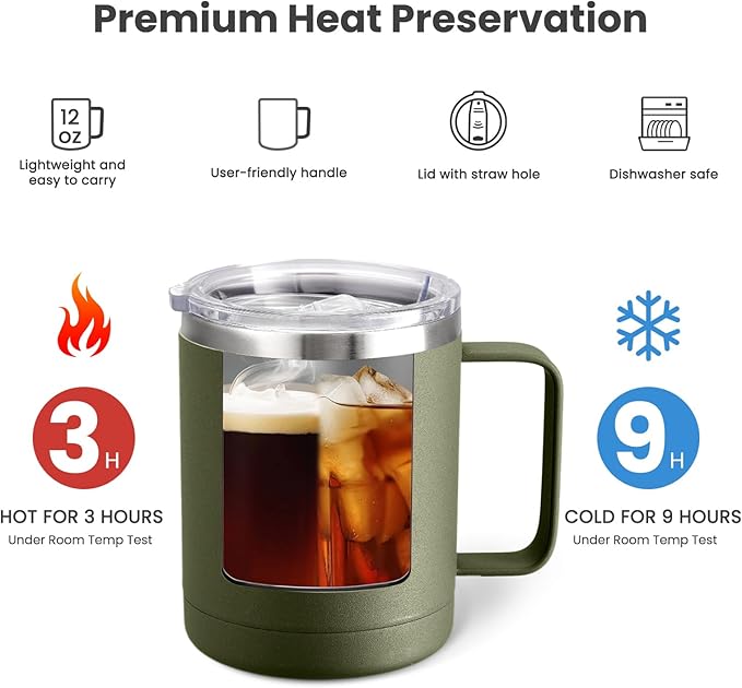 MEWAY 12oz Coffee Mug With Handle 2 Pack Bulk,Stainless Steel Insulated Travel Tumblers With Sliding Lid,Double Wall Vacuum Camping Cup for Hot & Cold Drinks Tea (Army Green,Set of 2)