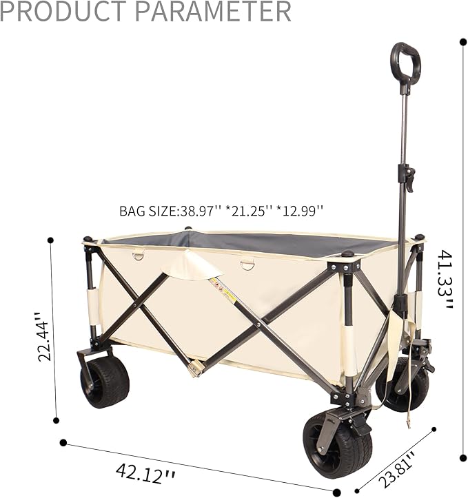 Collapsible Folding Wagon with Big Wheels,Heavy Duty Utility Beach Buggy Cart w/Adjustable Handle and Drink Holder,for Sand,Shopping,Camping,Garden,Outdoor,44.9",White