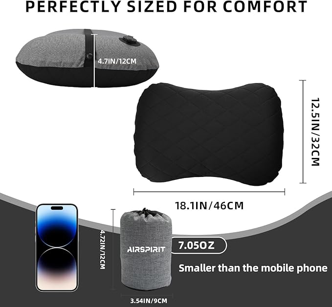 Inflatable Camping Pillow Ultralight Adjustable Firmness, TPU Travel Pillow for Neck & Lumbar Support, Hiking, Backpacking, Airplane, Car Travel & Beach with Removable Washable Cover (Black)
