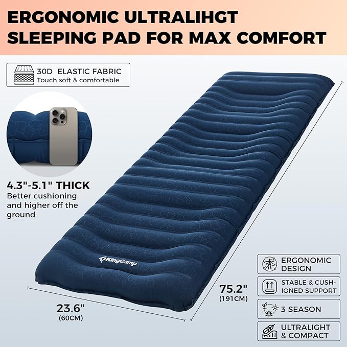 KingCamp Self Inflating Sleeping Pad for Camping with Built-in Pillow, Ultralight Sleeping Pad Camping Mat Durable for Camping Backpacking Hiking Single Double, 4 Size