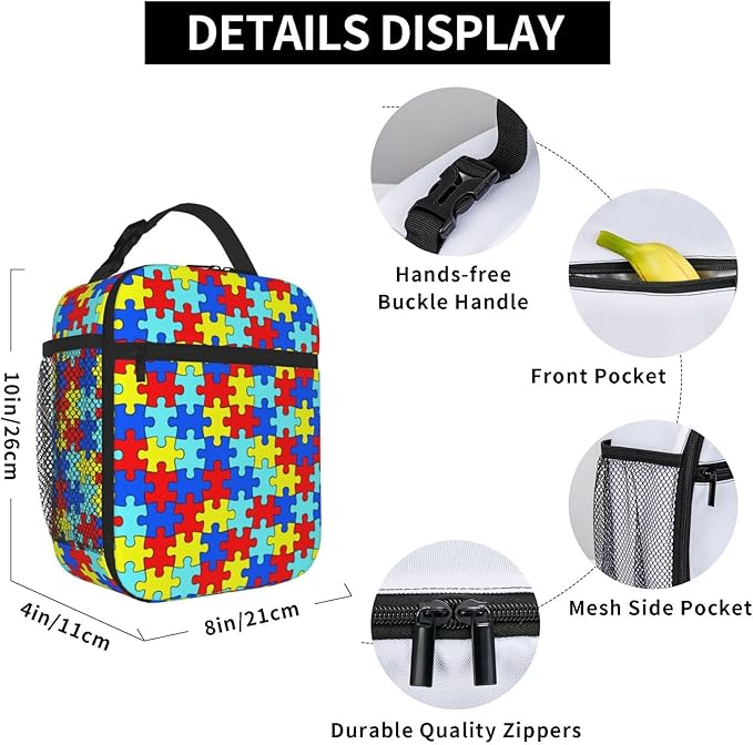 Colorful Puzzle Rainbow Piece Insulated Lunch Bag Reusable Cooler Lunch Box Portable Leakproof Thermal Container Tote Bags for Girls Boys School Travel