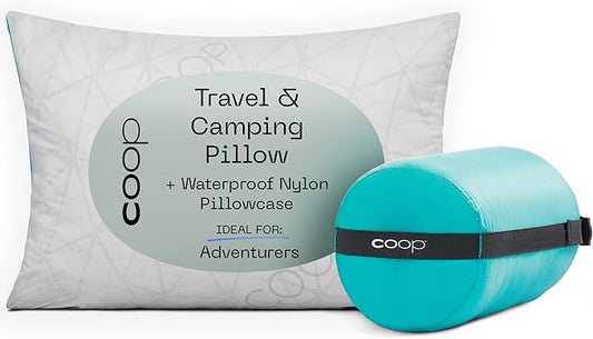 Coop Home Goods Original Adjustable Travel Pillow and Waterproof Pillow Protector Grey Bundle with Compressible Stuff Sack, Medium-Firm Memory Foam and Washable Cover, CertiPUR-US Certified (19x13)