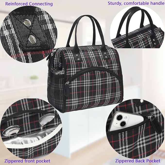 FlowFly Insulated Lunch Bag for Women, Men, Large and Reusable, Handle, Work and Travel Tote and Meal Prep Organizer, Black and white checkerboard