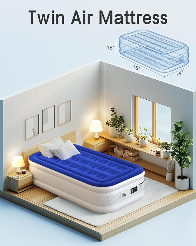 Twin Air Mattress with Built in Pump Luxurious Comfort 16" Raised Inflatable Mattress Twin Airbed Blow Up Mattress for Home and Guests 75"*39"*16"Air Bed 2 Mins Fast Inflate/Deflate 330 lbs Max