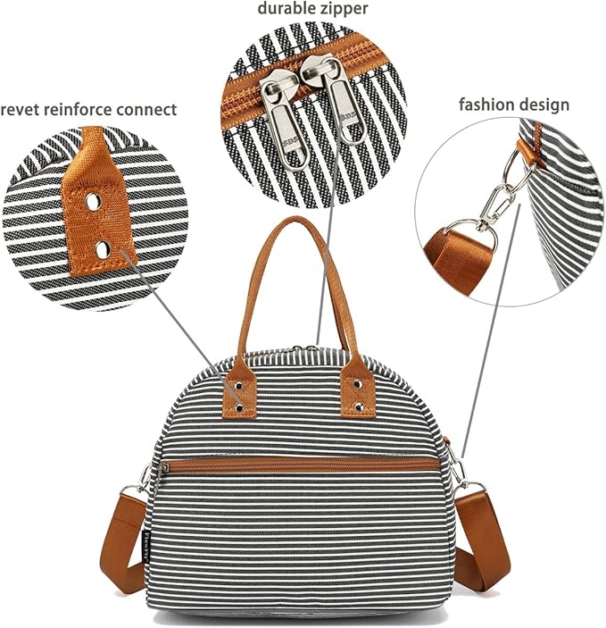 FlowFly Insulated Lunch Bag With Shoulder Strap for Women, Men, and Kids, Large and Reusable, Handle, Freezable Work and School Travel Tote and Meal Prep Organizer,White and Black Stripes