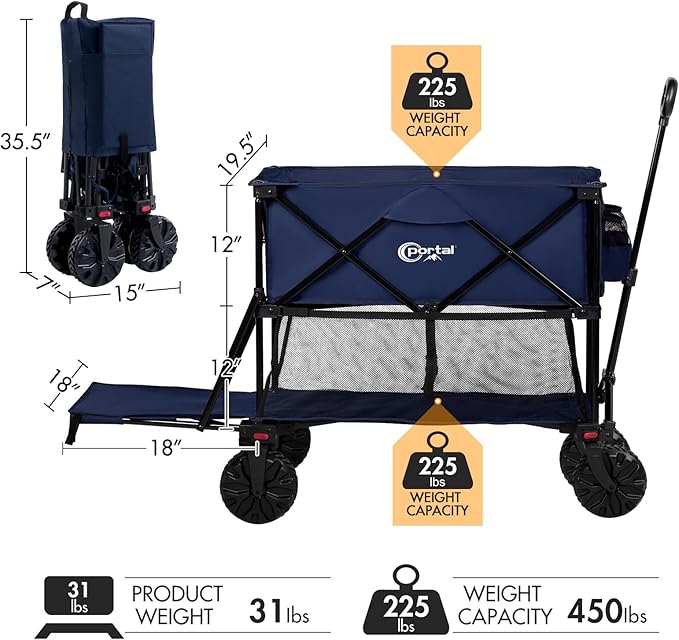 PORTAL 400L Collapsible Double Decker Wagon, Folding Wagon Cart with Tailgate, Beach Wagon with Big Wheels, 450LB Heavy Duty Foldable Wagon, Large Capacity Wagon for Camping, Sports, Garden, Baseball