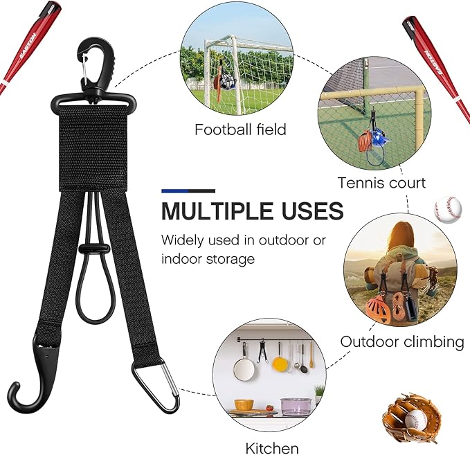 Deekin 2 Pcs Baseball Softball Gear Hanger 3 in 1 Dugout Organizer Baseball Bat Holder with Glove Clip and Helmet Hook for Softball Fence Bag Water Bottle Hiking Camping