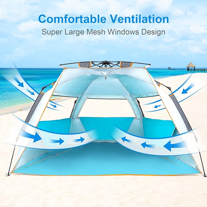 WolfWise 3-4 Person Easy Up Beach Tent UPF 50+ Portable Instant Sun Shelter Canopy Umbrella with Extended Zippered Porch, Blue