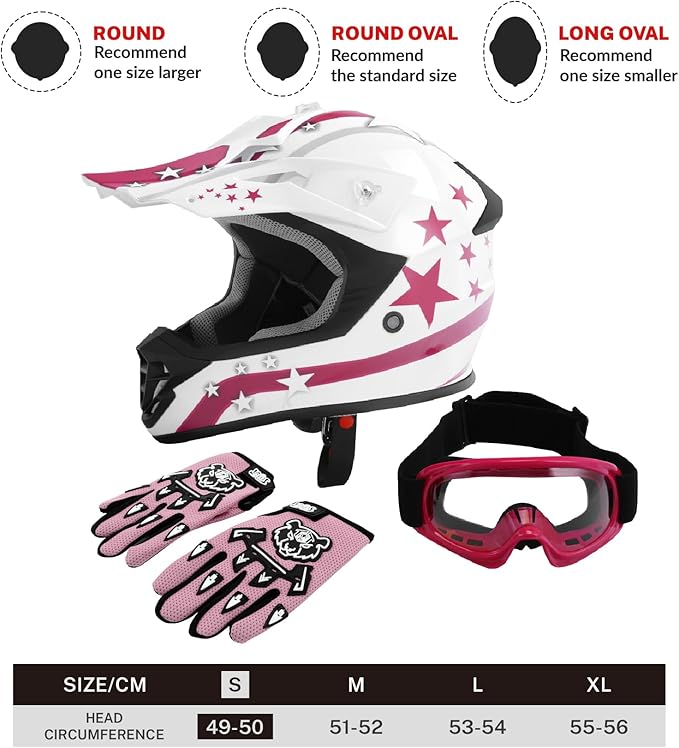 TCT-MOTORPARTS DOT Pink Four Wheeler Girls Riding Helmet Youth Kids Motocross ATV Helmets Offroad Street Dirt Bike Go-Kart BMX MX Full Face Helmet Pink Star Samll Size