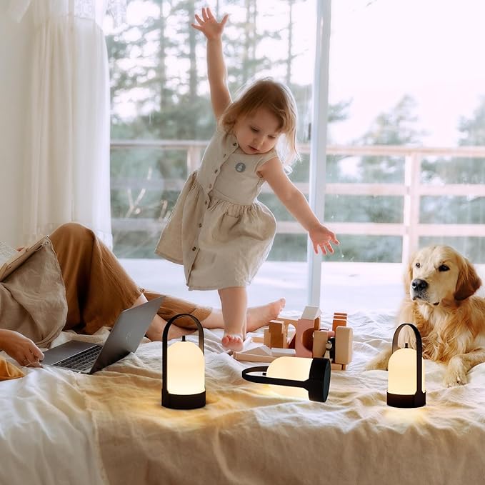 Tubicen Portable LED Cordless Rechargeable Lantern Table Lamp, 4000mAh Powerful Battery Operated Black Bedside Table Lamp, 4 Levels Touch Dimmable Night Light for Home Camping Restaurant Desk Balcony