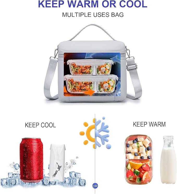 NOL Natural Organic Lifestyle Insulated Lunch Bags for Women Cooler Bag Lightweight Nylon Waterproof Lunch Box For Work (Gray White, Medium(normal))