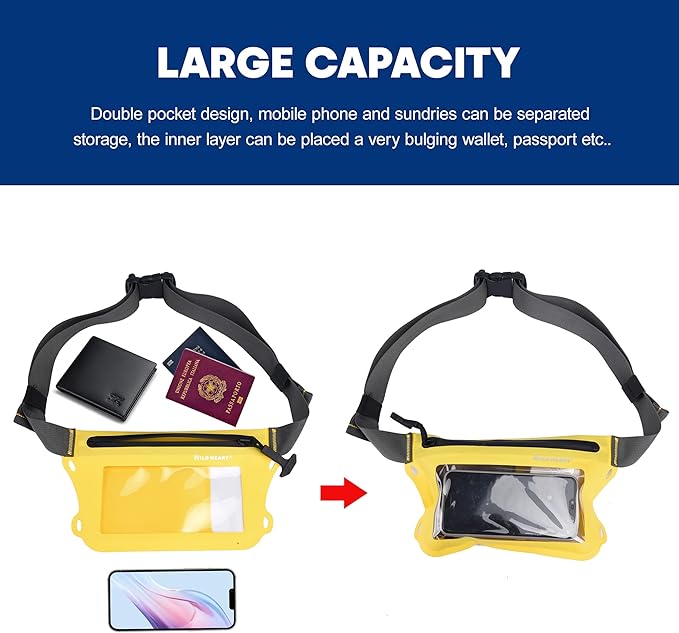 WILD HEART Waterproof Waist Bag IPX8 with Adjustable Waist belt Screen Touchable Dry Bag Double Inner Pocket for Swimming Diving Floating Rafting Boating