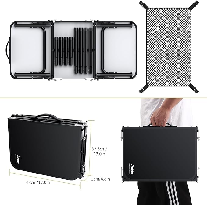 Folding Camping Table with Storage Net, 3ft Camping Table Aluminum Folding Table with 3 Adjustable Height Max 27.1 Inch Picnic Table Portable Table for Outdoor Backyard BBQ, Pure Black