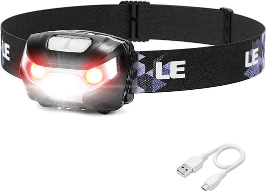 Lepro LED Headlamp Rechargeable - Super Bright Head Lamp with 5 Modes for Camping & Hiking Gear Essentials, IPX4 Waterproof Headlight Flashlight with Red Light, USB Cable Included