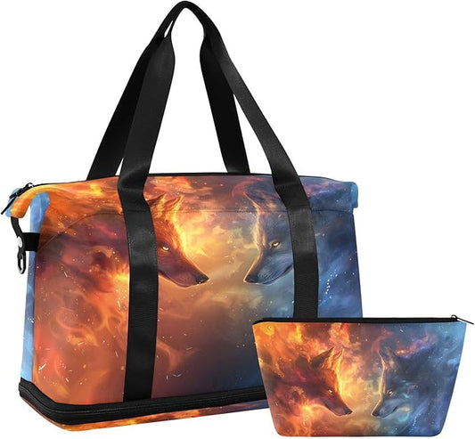 A Wolf Composed Of Starry Sky Travel Duffel Bag Waterproof Gym Sport Tote Bag Carry On Weekender Bag with Compartment