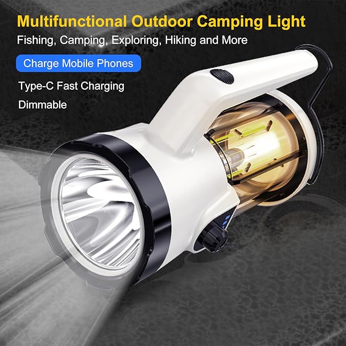 Lixada LED Camping Lantern,USB C Rechargeable Lantern with Stepless Dimming,Emergency Flashlight Flood Light with Folding Hook for Searchlight Power Outages Spotlight Outdoor Fishing Emergency
