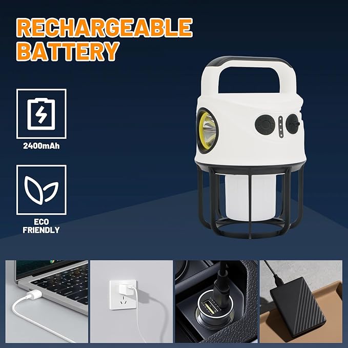 Camping Lantern with Flashlight Rechargeable, Power Bank, IPX4 Waterproof, USB-C Cable LED Camping Tent Light for Spotlight, Camping, Hiking, Hurricane, Emergency
