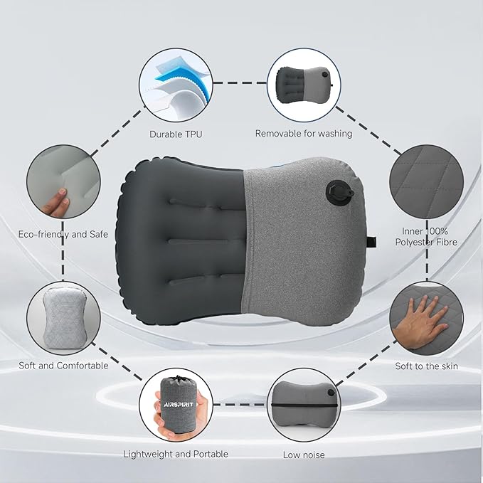 Inflatable Camping Pillow Ultralight Adjustable Firmness, TPU Travel Pillow for Neck & Lumbar Support, Hiking, Backpacking, Airplane, Car Travel & Beach with Removable Washable Cover (Grey)