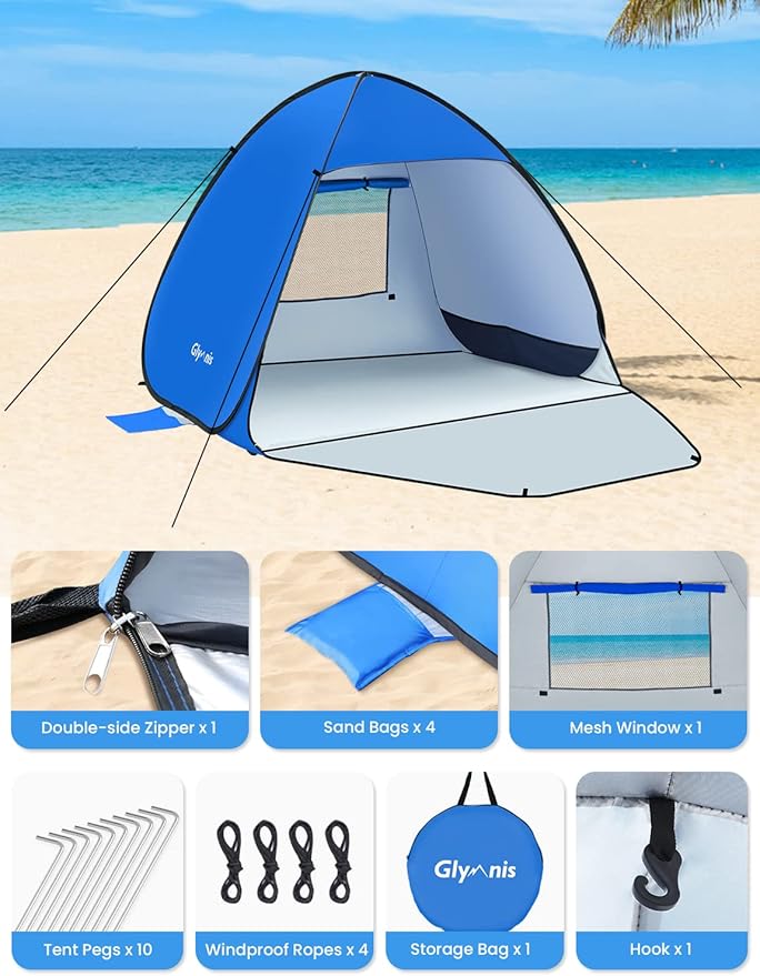 Pop Up Beach Tent Beach Shade Tent for 1-4 Persons Sun Shelter UPF 50+ Enclose Zipper Door Portable Easy Up Beach Tent
