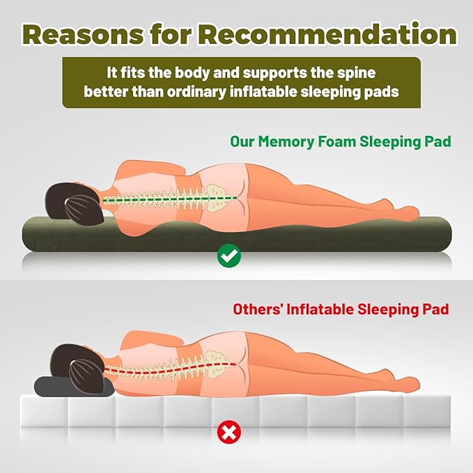 Memory Foam Camping Mattress Pad, Portable Roll Up Pads for Adults, Sleeping pad for Camping Bed, Car Bed Mat with Travel Bag- Green