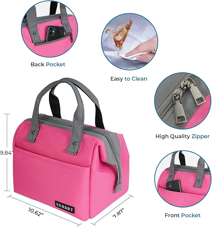 ECHSRT Large Insulated Lunch Bag for Women Men Leakproof Lunch Tote Bags Cooler Bag for Work Travel Adult Thermal Lunch Bags for Office -10L Lunchbox - Pink