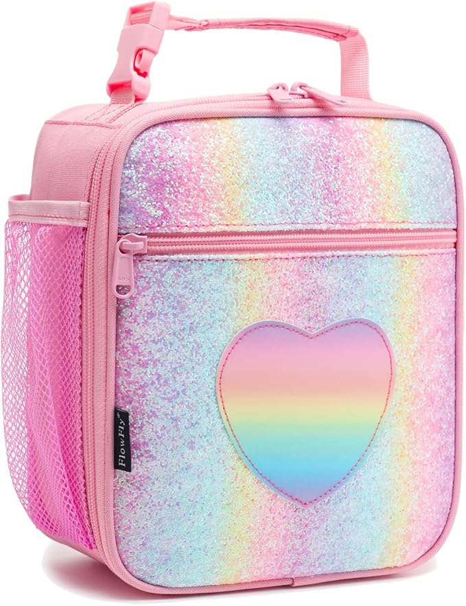 FlowFly Kids Lunch box Insulated Soft Bag Mini Cooler Back to School Thermal Meal Tote Kit for Girls, Boys, Glitter-RainBow