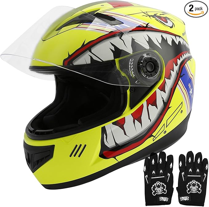 TCT-MOTORPARTS DOT Youth Kids Helmet Motocross ATV Full Face Four Wheeler Helmets for Offroad Street Dirt Bike Go-Kart BMX MX Snowmobile Skateboard Yellow Shark Mouth Small