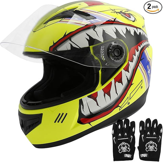 TCT-MOTORPARTS DOT Youth Four Wheeler Helmet Kids Motocross ATV Helmet Full Face Helmets for Offroad Street Dirt Bike Go-Kart BMX MX Snowmobile Skateboard Yellow Shark Mouth Large