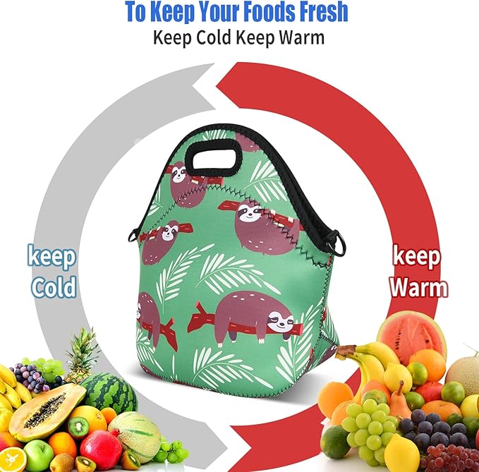 Violet Mist Neoprene Sloth Lunch Bag Insulated Waterproof Lunch Bag Tote Reusable Lunch Box Containers Organizer Food Carrying Lunch Handbag forWomen Men Adult Work Gifts Picnic, S
