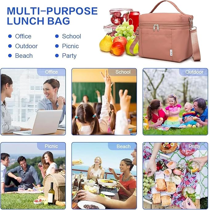 NOL Natural Organic Lifestyle Insulated Lunch Bags for Women Cooler Bag Lightweight Nylon Waterproof Lunch Box For Work (Small, Dark Pink)