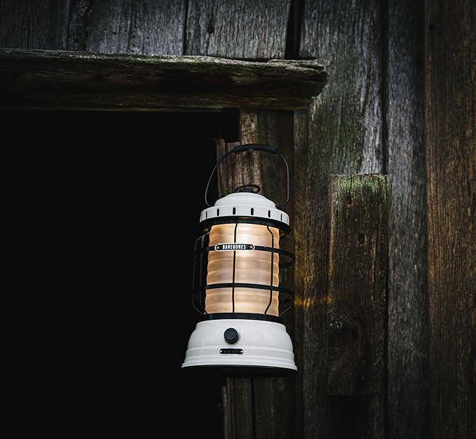 Barebones Forest Lantern – Vintage White, Vintage Rechargeable LED Lantern with Adjustable Brightness – Battery Operated Camping Light for Outdoor Adventures, Backyard Gatherings, and Emergency Use