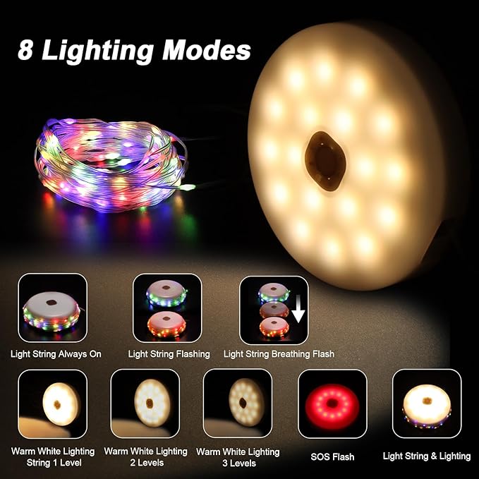 Outdoor waterproof portable stowable string light, 4 in 1 camping string lights outdoor with 8 lighting modes (42ft), solar /USB rechargeable Tent Lights for Camping, Hiking, Yard, RV (Multicolor)