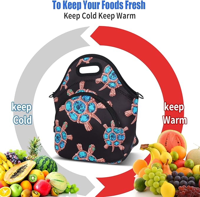 Violet Mist Neoprene Lunch Bag, Gem Turtle, Reusable Insulated Food Carrier, Adjustable Shoulder Strap, 12.6"L x 11.8"H x 6.8"W