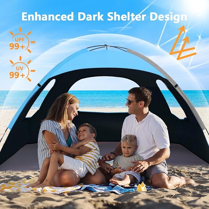 NXONE Beach Tent Sun Shade Shelter for 4 Person with UV Protection, Extended Floor, 3 Mesh Roll Up Windows & 8.5mm Fiberglass Rods丨Carry Bag Included (Dark Shelter-Ocean Blue)