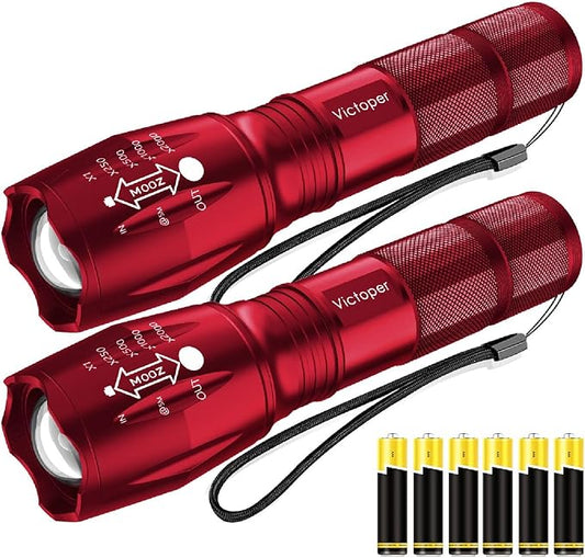 Victoper LED Flashlight 2 Pack Red, Bright High Lumens Tactical Flashlights High Lumens with 5 Modes, Waterproof Zoomable Flash Light for Outdoor, Gifts for New Year 2025 Camping Essentials Gear