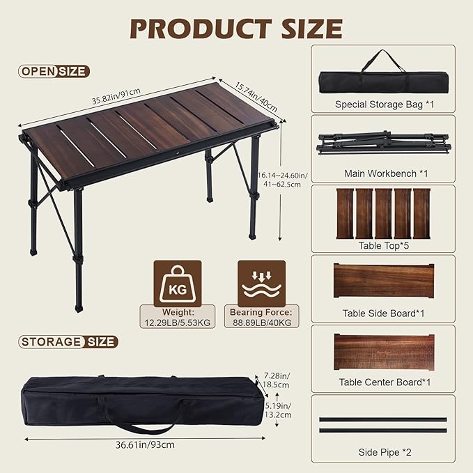 CHANGE MOORE Portable IGT Camping Table Acacia Wood Tabletop, 16.14-26.4inch Height-Adjustable Aluminum Table Leg, X-Shaped Structural Support, 3 Side Pipes Outdoor Table with Carrying Zipper Bag