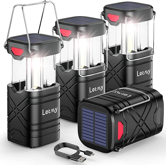 LETMY 4 Pack Camping Lantern, Rechargeable LED Lanterns, Solar Lantern Battery Powered Hurricane Lantern Flashlights with 3 Powered Ways & USB Cable for Emergency, Power Outage, Hurricane Supplies