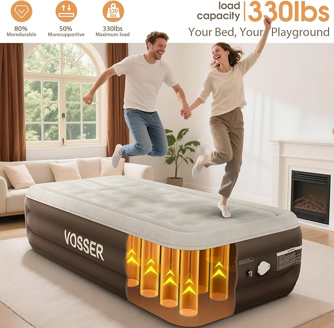 Twin Size Airbed with Detachable Rechargeable Pump - for Camping & Home Use, Portable Design, Supports up to 330 lbs MAX