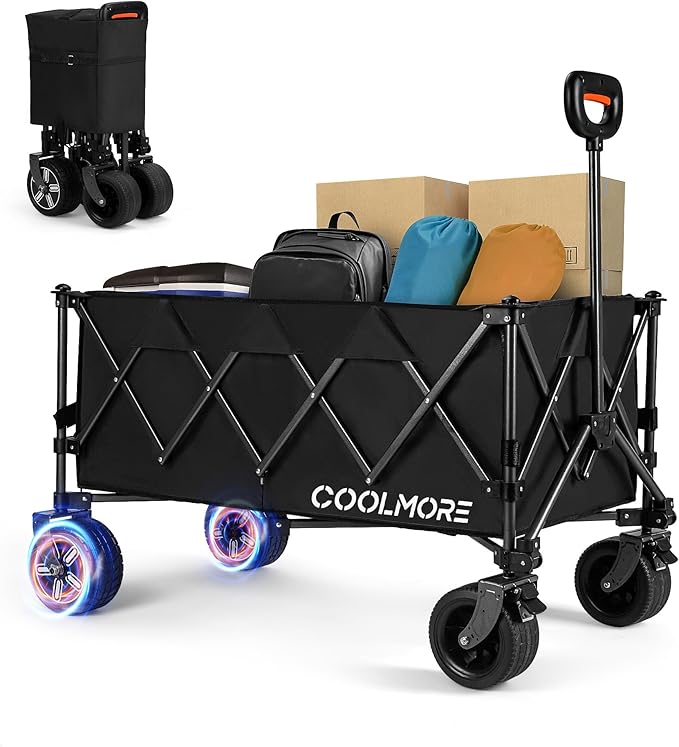 Electric Collapsible Utility Wagons 330lbs Capacity, Carts Foldable with Wheels Brakes Portable for Beach Garden Outdoor Sports Lounge Heavy Duty Shopping Camping Picnic (Black)