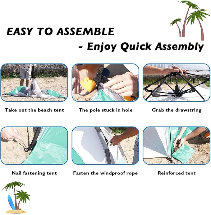 Beach Tent Pop Up Shade, Instant Beach Tents Sun Shelter with UPF 50+ UV Protection, Lightweight & Easy Setup Tent 2-6 Person