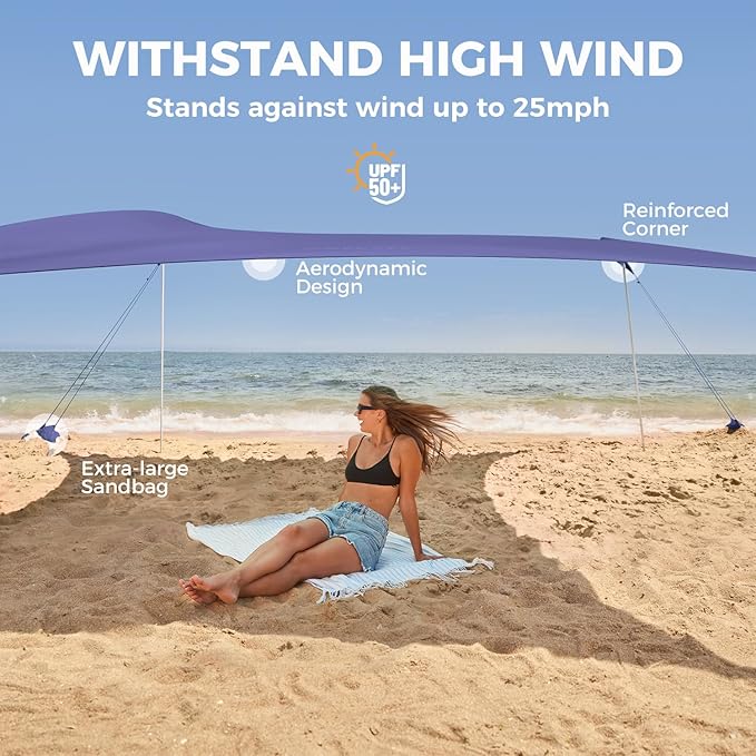 WEKAPO Beach Tent Sun Shelter - Easy Setup Beach Canopy with 4 Sturdy Poles, Large Sandbags and Shovel, 7'1'' Tall, Windproof Sun Shade for Backyard and Camping, UPF 50+ Protection