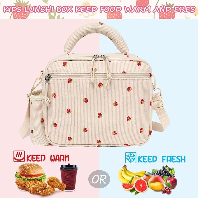 LOIDOU Lunch Box for Kids Girls Cute Corduroy Insulated Lunch Bag Thermal Meal Tote Reusable Lunch Pail Bags for School Travel (Corduroy Strawberry Beige)