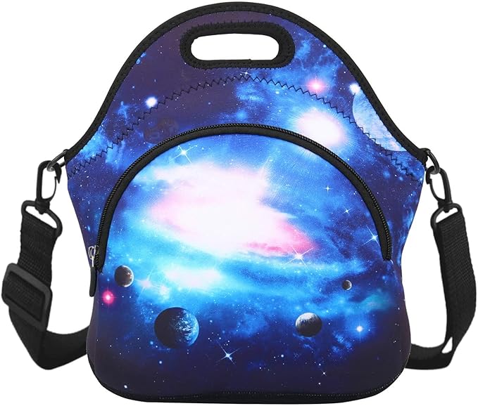 Violet Mist Womens Neoprene Insulated Galaxy Space lunch Bag Lunch Tote Bag Thermal Lunch Box with Extra Pocket Detachable Adjustable Shoulder Lunchbox Food Handbags Gift for Women Men Blue Star Sky