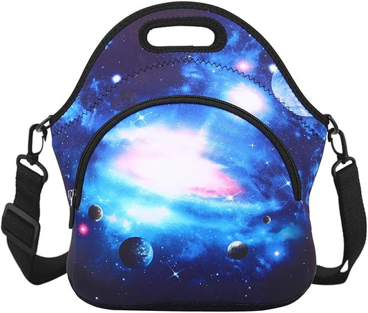 Violet Mist Womens Neoprene Insulated Galaxy Space lunch Bag Lunch Tote Bag Thermal Lunch Box with Extra Pocket Detachable Adjustable Shoulder Lunchbox Food Handbags Gift for Women Men Blue Star Sky